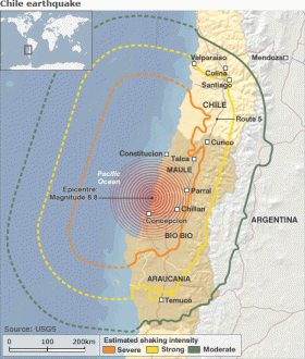 Områder, der var berørt af jordskælvet den 27. februar.